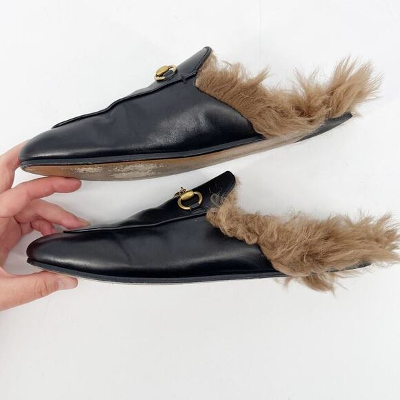 Gucci Black Leather Princetown Fur Wool Lined Horsebit Mule Slipper EU 39.5 - Picture 6 of 12